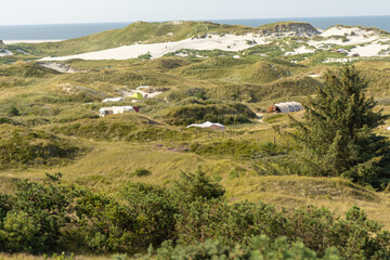 Scenic view of a campsite nestled in grassy dunes near the ocean during sunny daylight hours