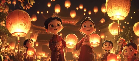 Animated children in traditional Chinese attire holding lanterns at night