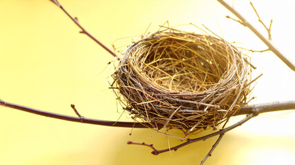 An empty bird's nest, crafted from twigs and straw, rests on delicate bare branches against a soft, bright yellow background, symbolizing nature, the cycle of life, or a quiet moment.