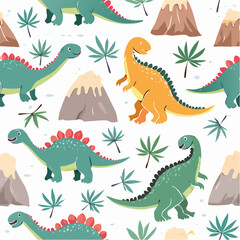  Playful dinosaur seamless vector pattern, cute baby dinos with palm trees and volcanoes, pas
