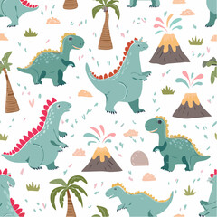  Playful dinosaur seamless vector pattern, cute baby dinos with palm trees and volcanoes, pas