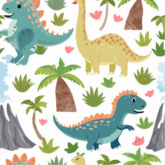  Playful dinosaur seamless vector pattern, cute baby dinos with palm trees and volcanoes, pas