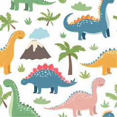  Playful dinosaur seamless vector pattern, cute baby dinos with palm trees and volcanoes, pas