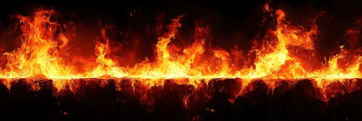 Intense bright orange and yellow flames burning fiercely against a pitch black background, creating a horizontal line of fire with dynamic movement and heat