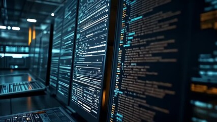 Server Rack Panels Displaying Data Code And Information In A Modern Data Center Environment With Blue And White Lighting - Powered by Adobe