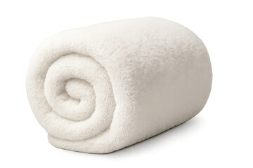 Tightly rolled white blanket resting on transparent background, representing softness, warmth, and comfort