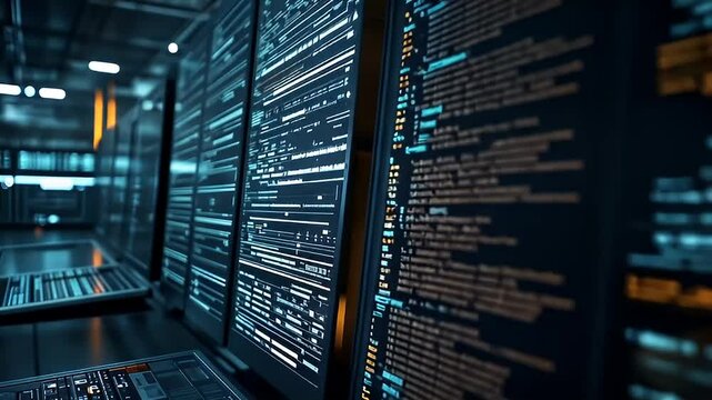 Server Rack Panels Displaying Data Code And Information In A Modern Data Center Environment With Blue And White Lighting - Powered by Adobe