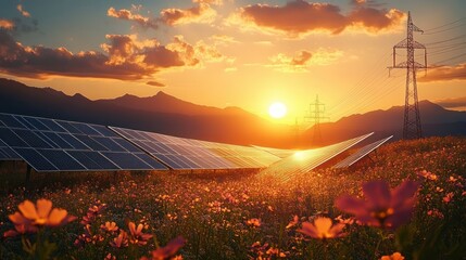 Solar panels in a flower-filled field with power lines at sunset casting warm golden light over distant mountains and a partly cloudy sky