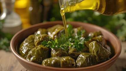 Freshly Wrapped Grape Leaves Drizzled with Olive Oil and Herbs