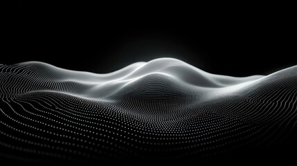 Abstract digital wave composed of bright white dots and lines forming smooth flowing curves on a black background, evoking a sense of futuristic technology and dynamic movement