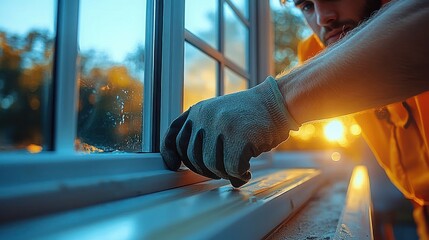 Person wearing gloves cleaning or installing a window frame at sunset with warm golden light