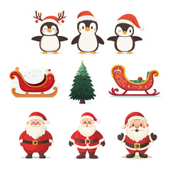 Christmas design elements santa, gift, tree, penguins, snow, sled. Vector illustration of set of isolated on plain background new year elements.