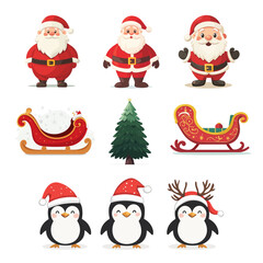 Christmas design elements santa, gift, tree, penguins, snow, sled. Vector illustration of set of isolated on plain background new year elements.