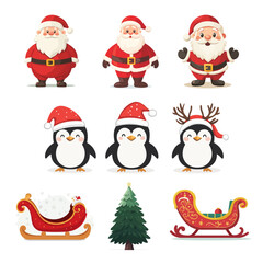 Fototapeta premium Christmas design elements santa, gift, tree, penguins, snow, sled. Vector illustration of set of isolated on plain background new year elements.