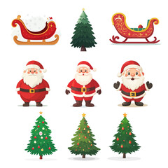 Christmas design elements santa, gift, tree, penguins, snow, sled. Vector illustration of set of isolated on plain background new year elements.