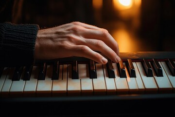 Close-up of a hand playing piano keys with warm ambient lighting creating a cozy and focused atmosphere