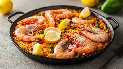Vibrant Seafood Paella with Shrimp and Fresh Lemon Slices