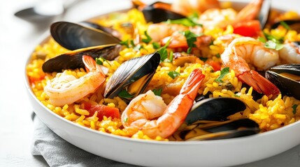 Vibrant Seafood Paella with Shrimp and Mussels in Yellow Rice