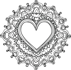 Intricate mandala design centered around a heart shape featuring geometric black and white artwork.