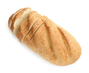 Cut loaf of bread isolated on white, top view