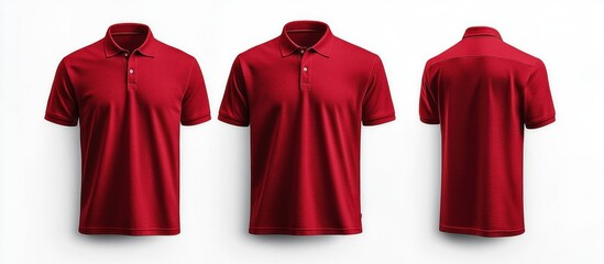 three red polo shirts displayed from front, angled front, and back views on a white background