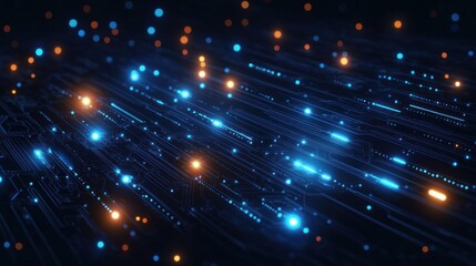 Obraz premium Close-up view of an abstract digital circuit board with glowing blue and orange lights representing electronic connections and data flow