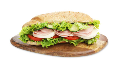 Tasty baguette sandwich with ham and vegetables isolated on white