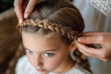 Fototapeta premium Close-up of a young girl with blue eyes having her hair carefully braided by two hands, showing concentration and gentle care