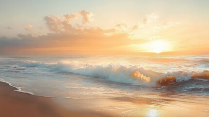 Serene sunrise over ocean waves gently crashing onto a sandy beach under a partly cloudy sky