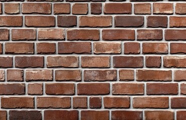 Obraz premium close-up view of a textured brick wall with various shades of red and brown bricks arranged in a staggered pattern