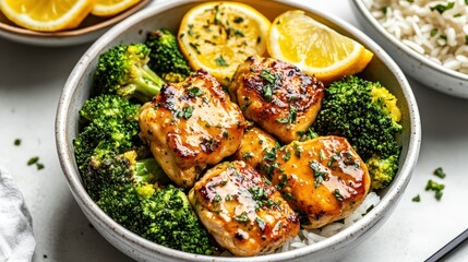 Fototapeta premium Grilled Chicken with Broccoli and Lemon Slices in a Bowl