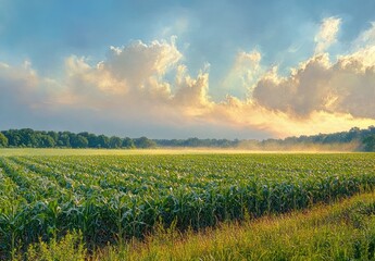 Sunlit green cornfield under a blue sky with fluffy clouds and a treeline in the distance during early morning