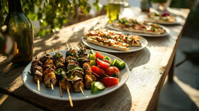 Grilled Meat Skewers and Fresh Vegetables on Rustic Wooden Table