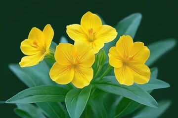 Fototapeta premium Close-up of vibrant yellow flowers with delicate petals and green leaves set against a dark green blurred background