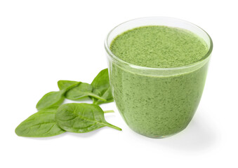 Tasty smoothie and spinach leaves isolated on white
