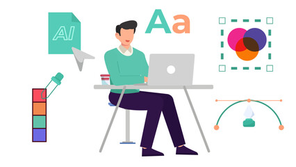 Flat Vector Illustration of Graphic Designer Working on Computer with Pen Tool, Color Picker, and Typography.