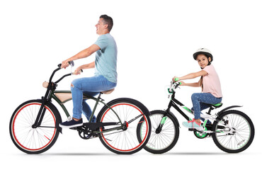 Obraz premium Man and little girl riding bicycles on white background