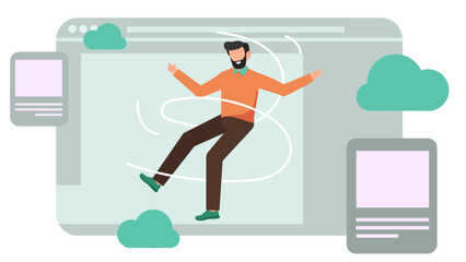 Flat Vector Illustration of Graphic Designer Working on Computer with Pen Tool, Color Picker, and Typography.