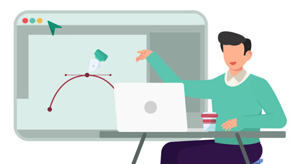 Flat Vector Illustration of Graphic Designer Working on Computer with Pen Tool, Color Picker, and Typography.