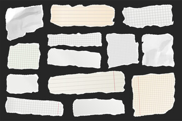 Obraz na płótnie Canvas Ripped paper strips. Realistic crumpled paper scraps with torn edges. Shreds of notebook, book or old newspaper pages. Trendy collage elements. Vector illustration