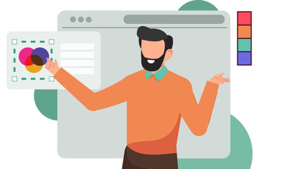 Flat Vector Illustration of Graphic Designer Working on Computer with Pen Tool, Color Picker, and Typography.