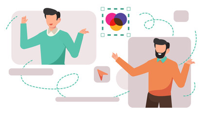 Flat Vector Illustration of Graphic Designer Working on Computer with Pen Tool, Color Picker, and Typography.