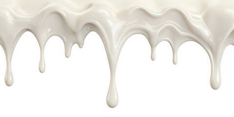 A smooth, flowing cascade of creamy white liquid drips elegantly against a black background, creating a rich and glossy texture that evokes a sense of indulgence.