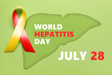 28th july World Hepatitis Day. Yellow-red awareness ribbon and illustration of liver on light green...