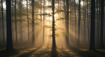 Obraz premium Sunlight streams through a misty forest.