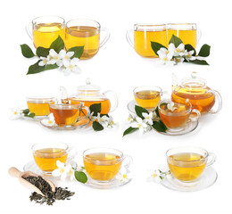 Delicious jasmine tea and fresh flowers on white background, collage