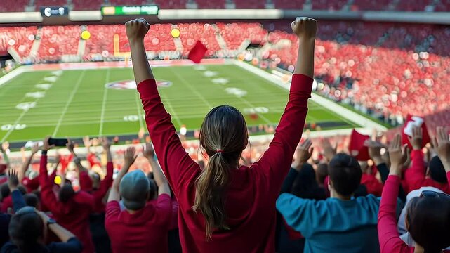 Woman with arms raised cheering in a stadium with red seats surrounded by cheering fans during a daylight football game