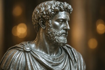 Obraz premium Ancient Roman bronze bust sculpture of a bearded man with curly hair in classical attire, captured with dramatic lighting and historical ambiance in a museum-like setting