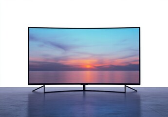 modern curved television on stand displaying calm ocean sunset with vibrant sky and reflections on water