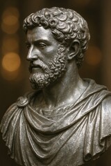 Obraz premium Ancient Roman bronze bust sculpture of a bearded man with curly hair in classical attire, captured with dramatic lighting and historical ambiance in a museum-like setting
